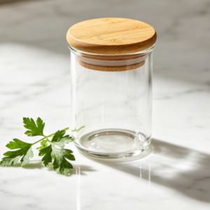 Bamboo and Wood Lid Round Transparent Glass Seasoning Jar